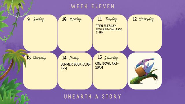 8/11/26 Teen Tuesday Lego Build Challenge @ 2-4pm 8/14/26 Summer Book Club @ 4pm 8/15/26 Coil Bowl Art @ 10am