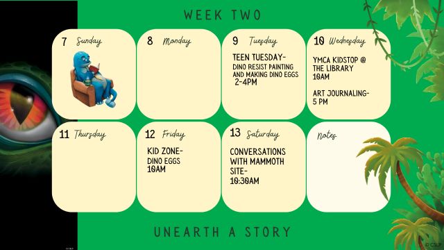 6/9/26 Teen Tuesday Rsist Painting & DIY Dino Eggs @ 2-4pm 6/10/26 YMCA Kidstop @ the Library @ 10am 6/10/26 Art Journaling @ 5pm